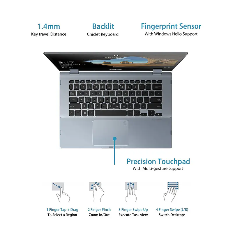 ASUS VivoBook Flip 14 (2020), Intel Core i3-10110U 10th Gen, 14" (35.56cms) FHD Touch, 2-in-1 Laptop (8GB/256GB SSD/Office 2019/Windows 10/Integrated Graphics/Blue/1.5 kg), TP412FA-EC382TS - Master