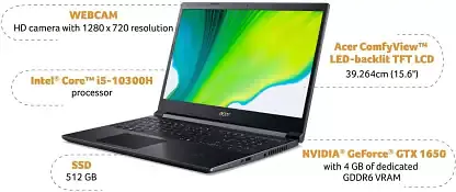 Acer Aspire 7 Intel Core i5 10th Gen - (8 GB/512 GB SSD/Windows 10 Home/4 GB Graphics/NVIDIA GeForce GTX 1650) A715-75G-50TA/ A715-75G-41G/ A715-75G-52AA Gaming Laptop  (15.6 inch, Black, 2.15 Kg)#JustHere - Master