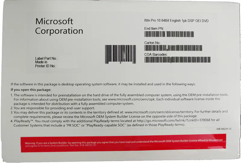 Microsoft Windows 10 Professional OEM with dvd retail pack - Master