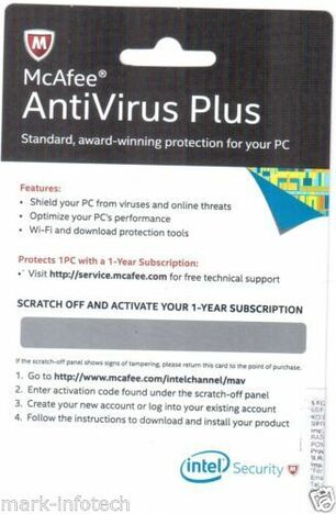 McAFEE Antivirus Plus Activation Card Download Version 1User (1PC) MRP 600RS NOW 120RS