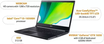 Acer Aspire 7 Intel Core i5 10th Gen - (8 GB/512 GB SSD/Windows 10 Home/4 GB Graphics/NVIDIA GeForce GTX 1650) A715-75G-50TA/ A715-75G-41G/ A715-75G-52AA Gaming Laptop  (15.6 inch, Black, 2.15 Kg)#JustHere