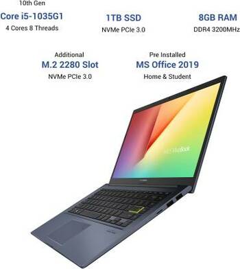 ASUS VivoBook Ultra 14 Intel Core i5 10th Gen 1035G1 - (8 GB/1 TB SSD/Windows 10 Home) X413JA-EK277TS Thin and Light Laptop  (14 inch, Cobalt Blue, 1.40 kg, With MS Office)